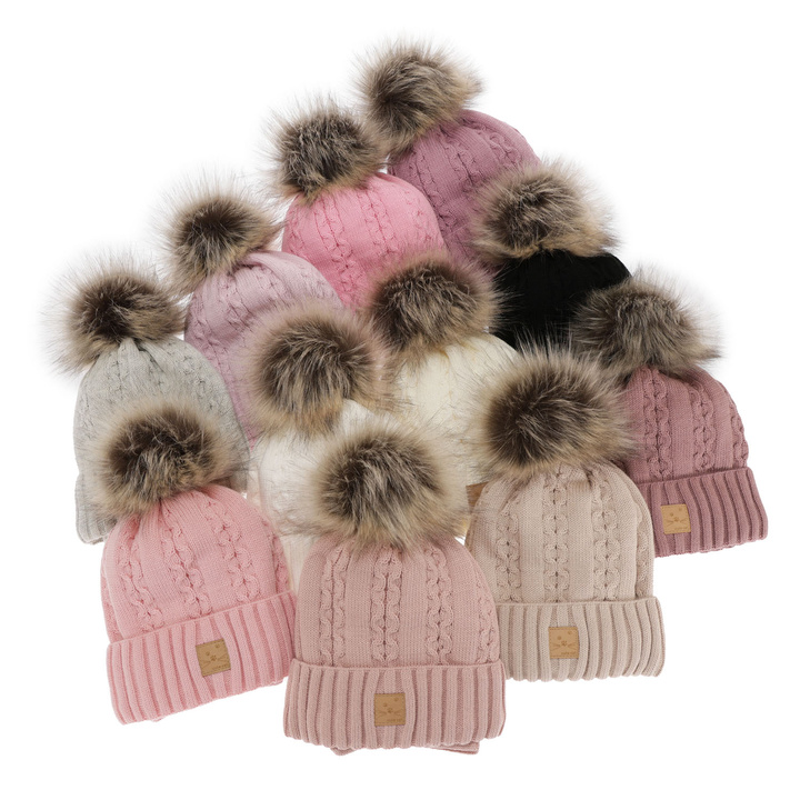 Winterset Mädchen: Mütze und Schlauchschal mit Bommel Beige Alexia