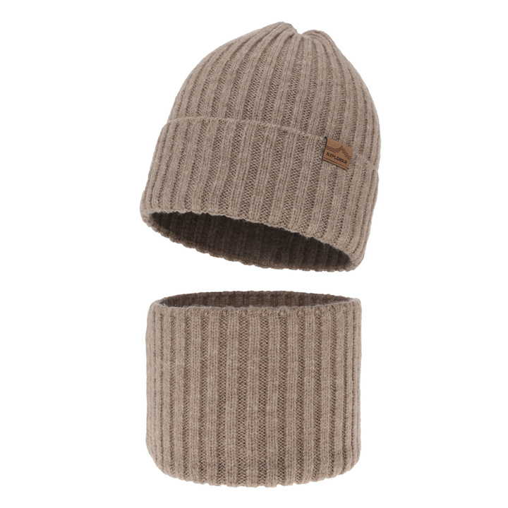 Winterset für Jungen: Mütze und Schlauchschal Merinowolle in Beige Merinowolle Karmin