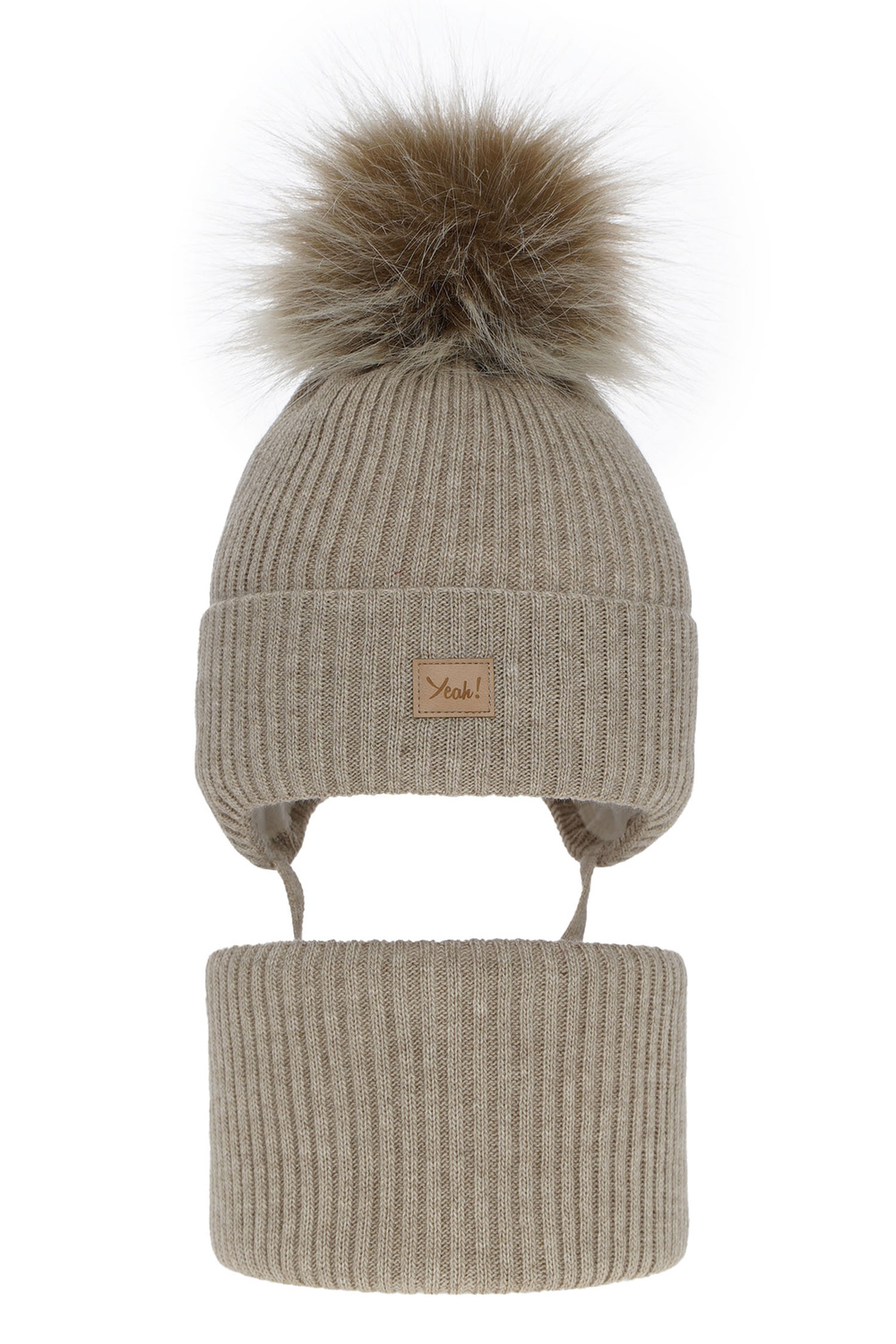 Winterset Mädchen: Mütze und Schlauchschal mit Bommel Beige Dilajla