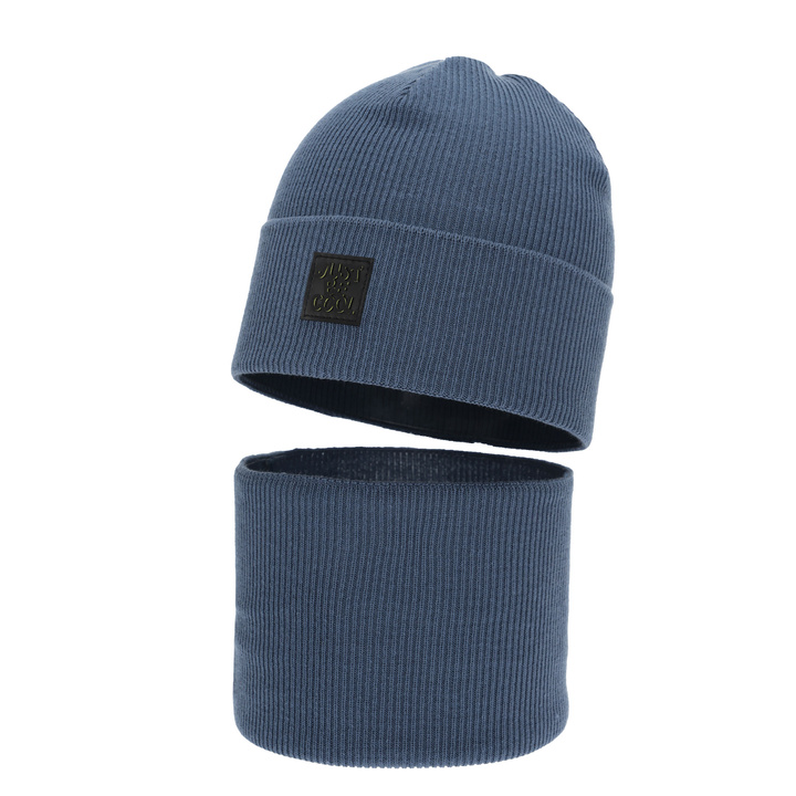 Herbst und Frühlingsset Jungen: Mütze und Schlauchschal, mit Baumwolle, blau, Jonas
