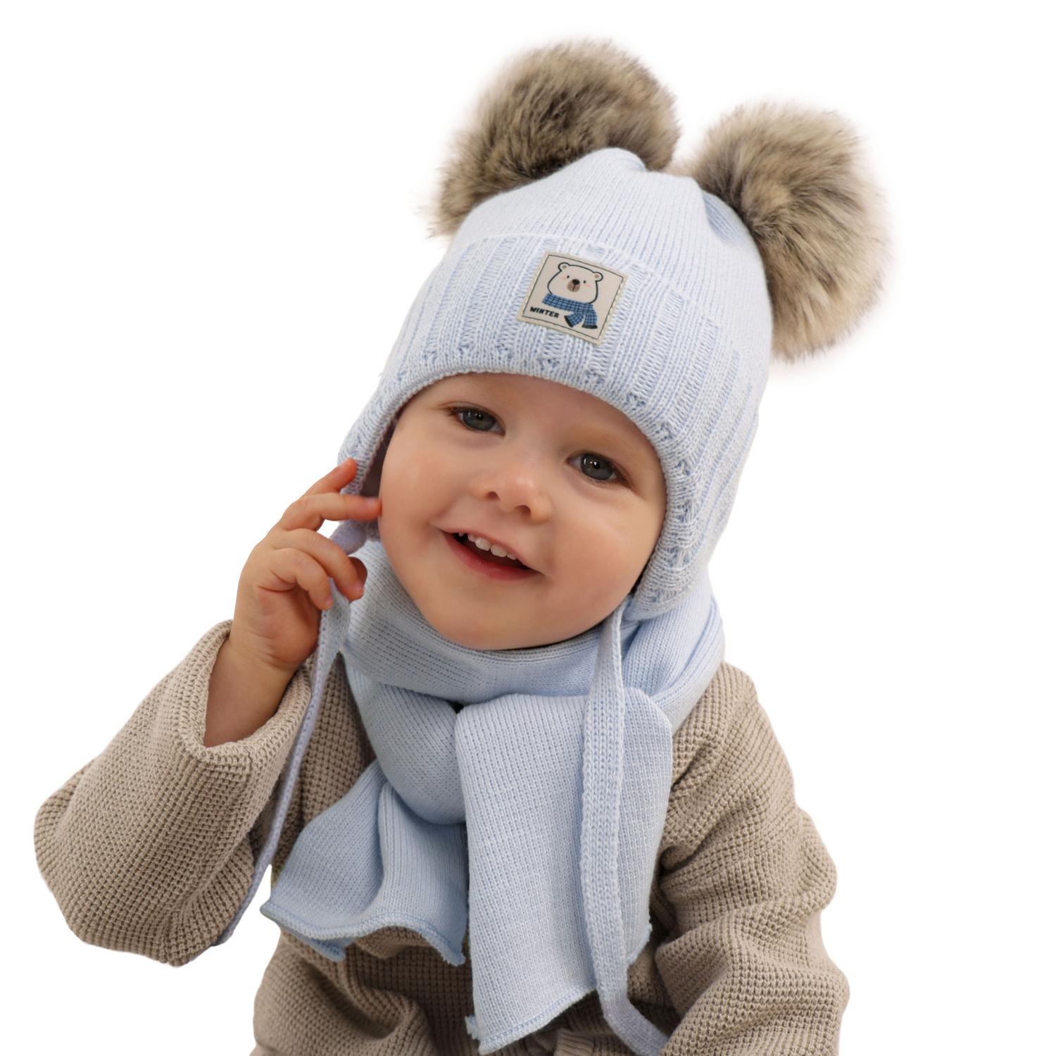 Winterset für Jungen: Mütze und Schal mit zwei Bommeln in Blau Jewel