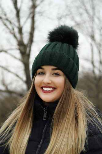 Wintermütze Damen mit Bommel Beige Mokka