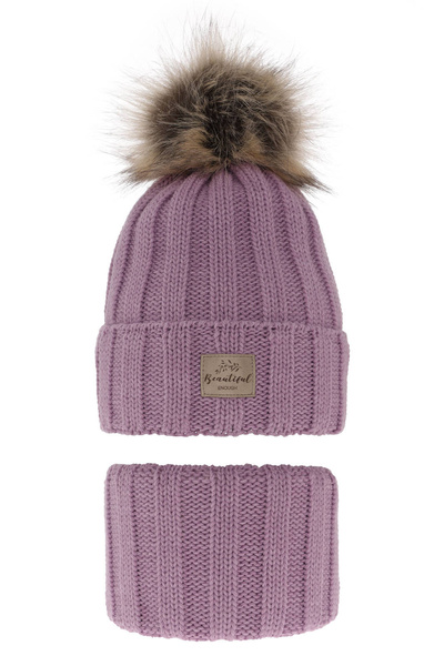 Winterset Mädchen: Mütze und Schlauchschal mit Bommel Violett Kaliope