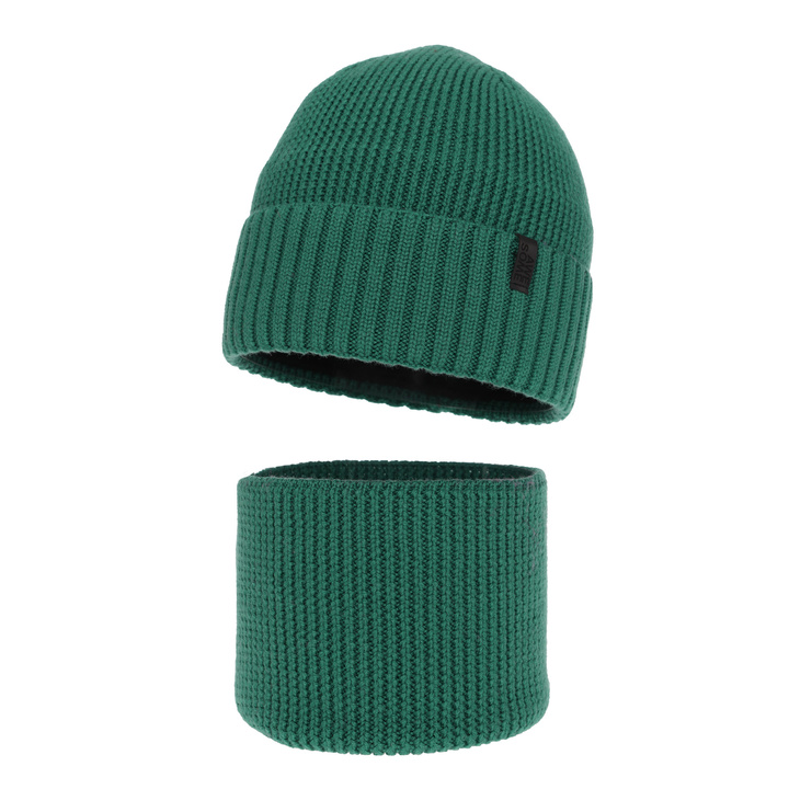 Mütze und Schlauchschal für Jungen, Winterset, 100% Merinowolle, mit Merinowolle gefüttert, Grün Harbin