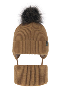 Winterset für Jungen: Mütze und Schlauchschal mit Bommel in Camel Honed