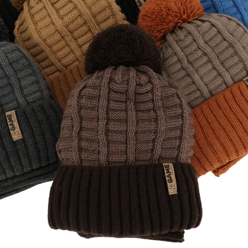 Winterset für Jungen: Mütze und Schlauchschal mit Bommel in Camel Leo