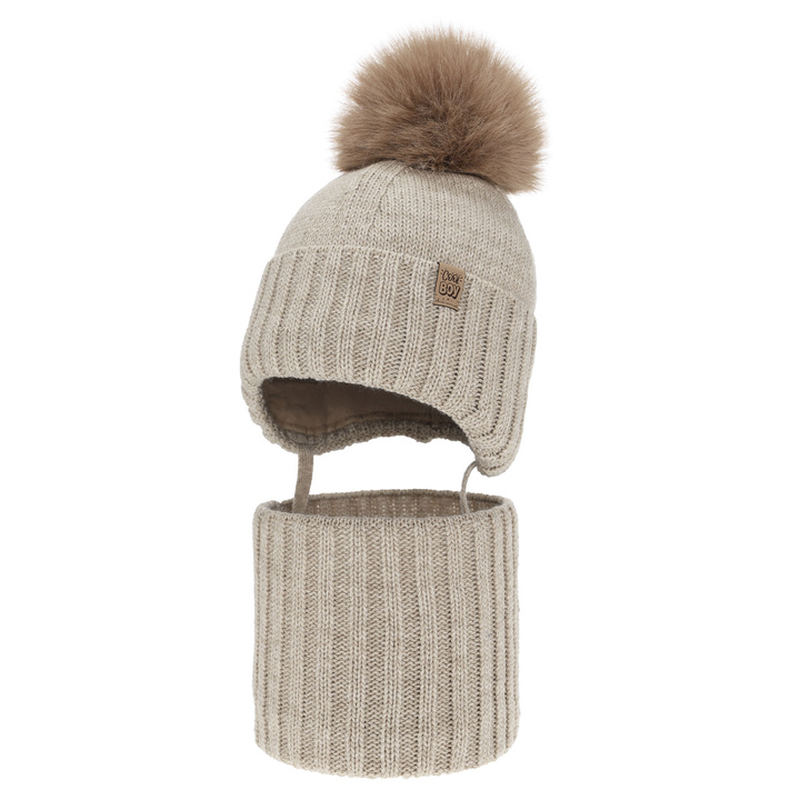Winterset für Jungen: Mütze und Schlauchschal, mit Bommel, Beige, Talens
