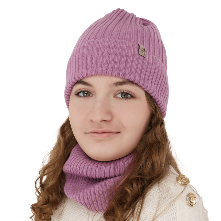 Winterset Mädchen: Mütze und Schlauchschal aus 100% Merinowolle, Violett, Patricia