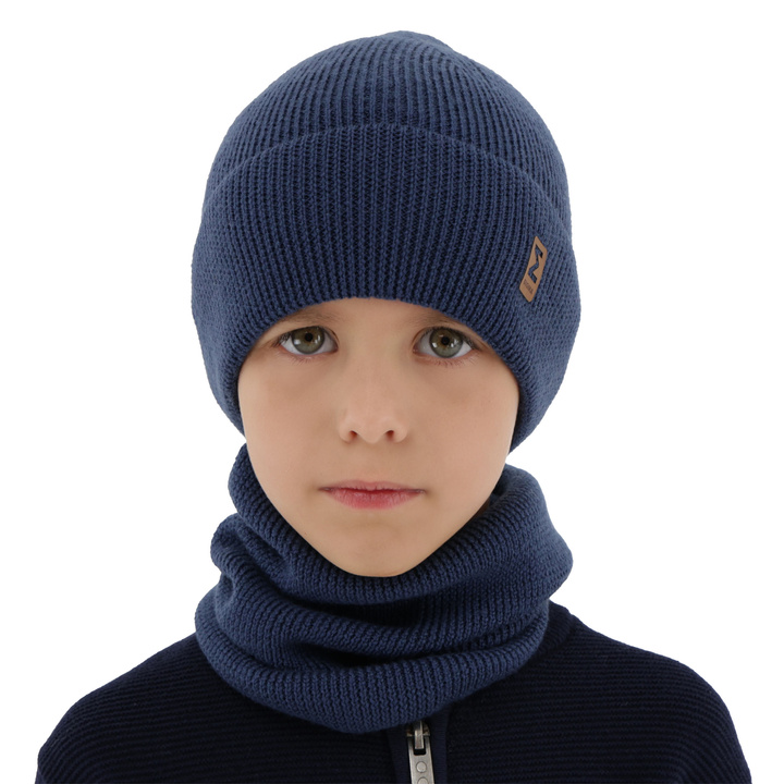 Herbst und Frühlingsset Jungen: Mütze und Schlauchschal 100% extrafeine Merinowolle Blau Bruce