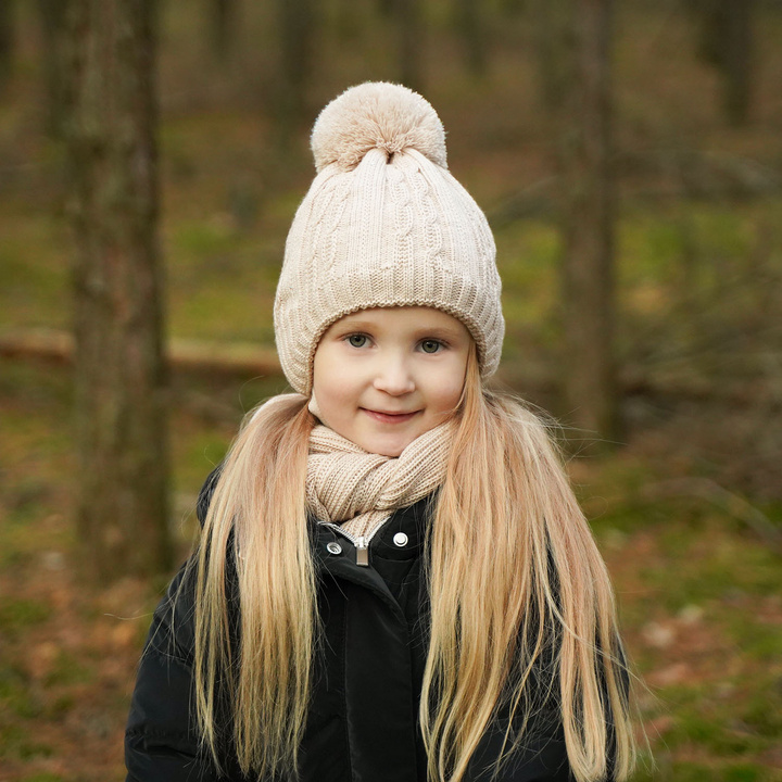 Winterset Mädchen: Mütze und Schal mit Bommel Beige Candy