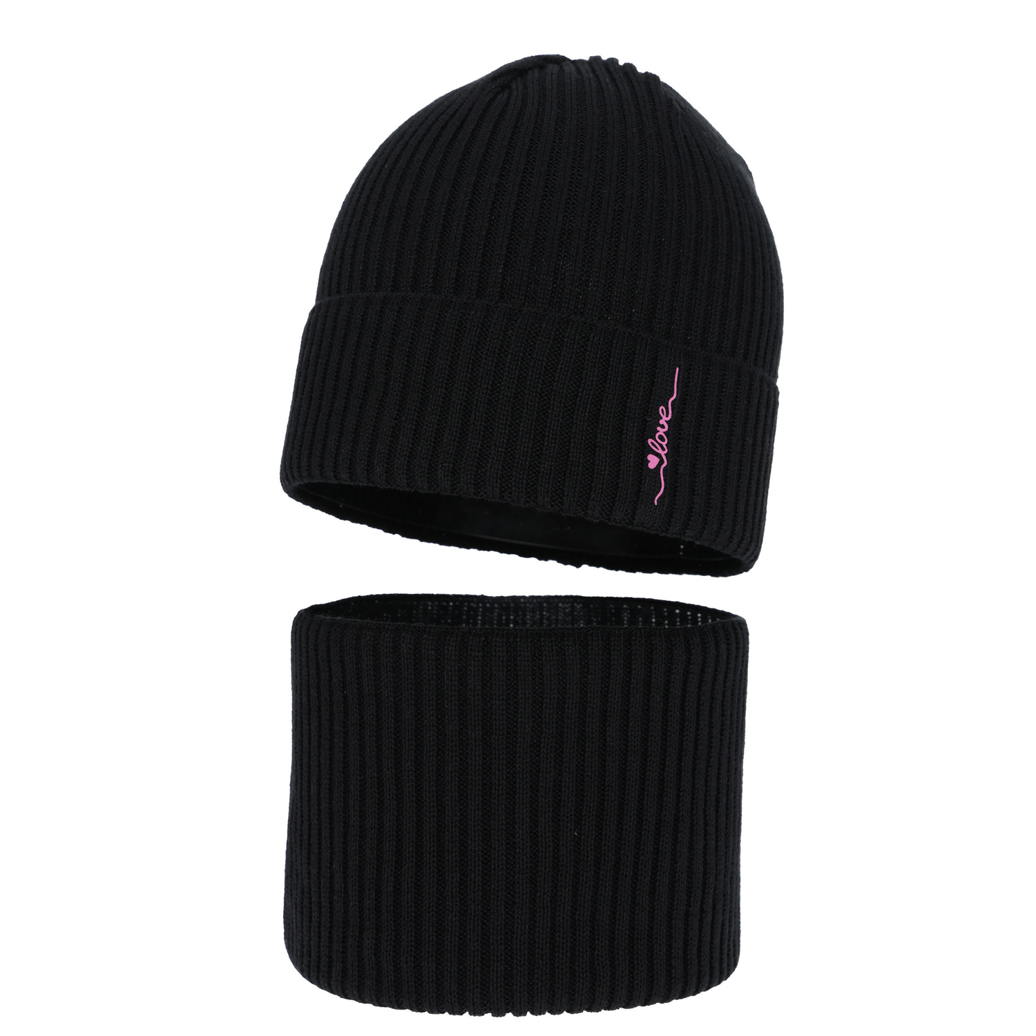 Herbst und Frühlingsset Mädchen: Mütze und Schlauchschal, mit Baumwolle, schwarz, Elvara