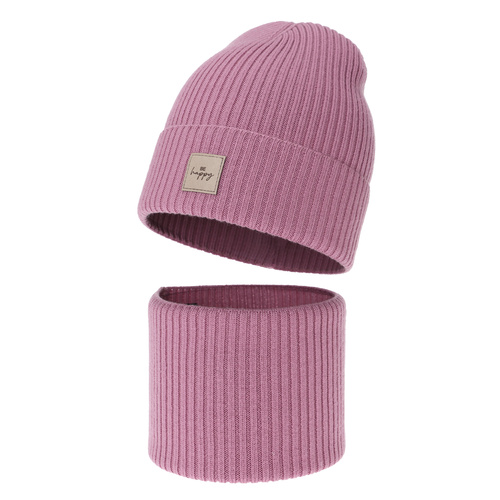 Herbst und Frühlingsset Mädchen: Mütze und Schlauchschal, 100% Merinowolle, Rosa, Vanita