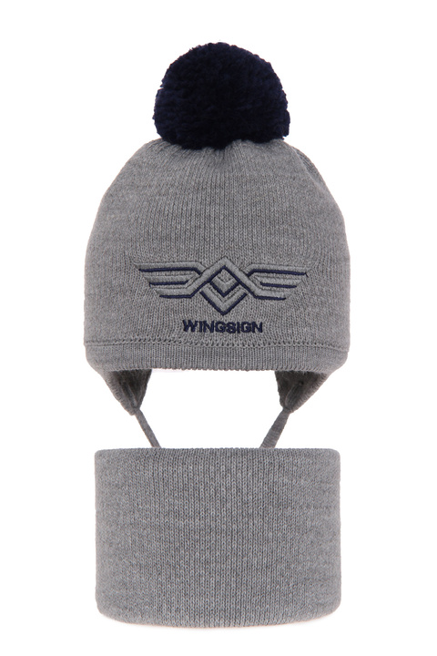 Winterset Jungen: Mütze und Schlauchschal mit Bommel Grau Wings