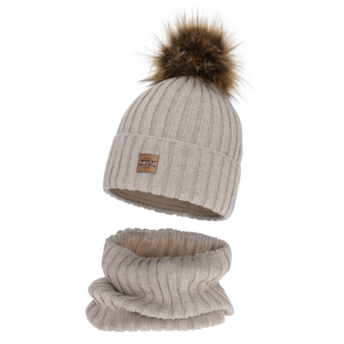 Winterset Mädchen: Mütze und Schlauchschal, beige, gefüttert mit Fleece, mit Merinowolle, Bellina
