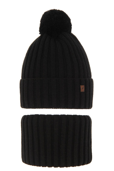 Winterset Jungen: Mütze und Schlauchschal mit Bommel Schwarz Wiliam