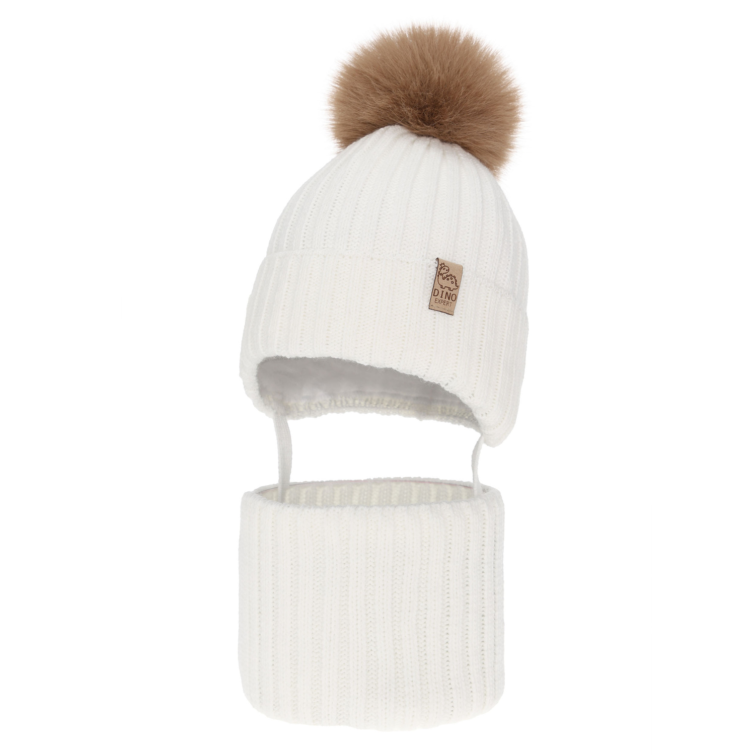 Winterset für Jungen: Mütze und Schlauchschal, mit Bommel, Weiß, Bagil