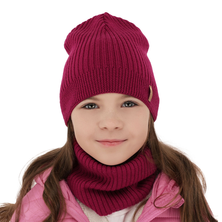 Herbst und Frühlingsset Mädchen: Mütze und Schlauchschal 100% extrafeine Merinowolle Amaranth Chelsie