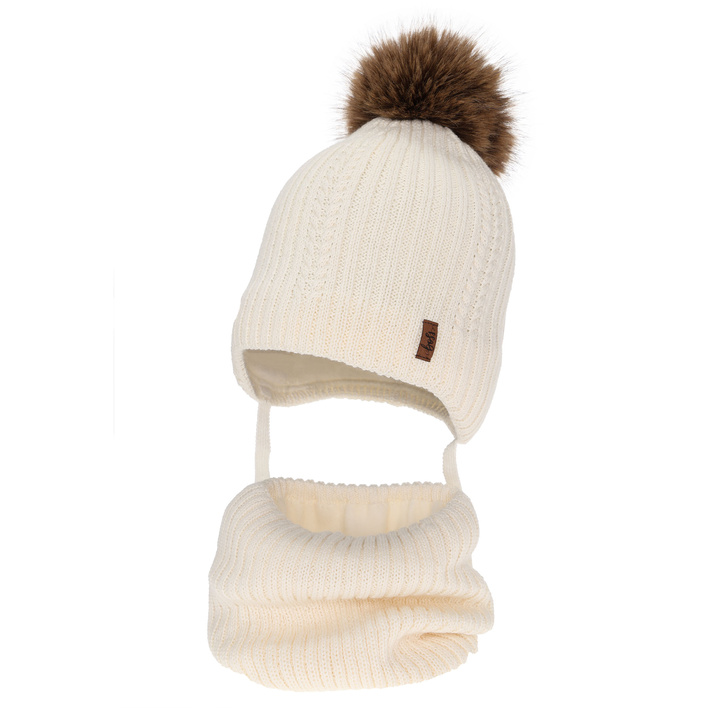 Mütze und Schlauchschal für Jungen Winterset, Cremefarben, mit Merinowolle, gebunden Zongo