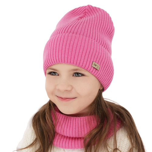 Herbst und Frühlingsset Mädchen: Mütze und Schlauchschal 100% extrafeine Merinowolle Rosa Itra