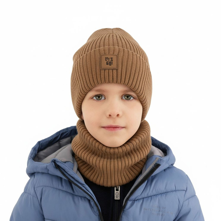 Herbst und Frühlingsset Jungen: Mütze und Schlauchschal 100% Merinowolle Camel Vanto