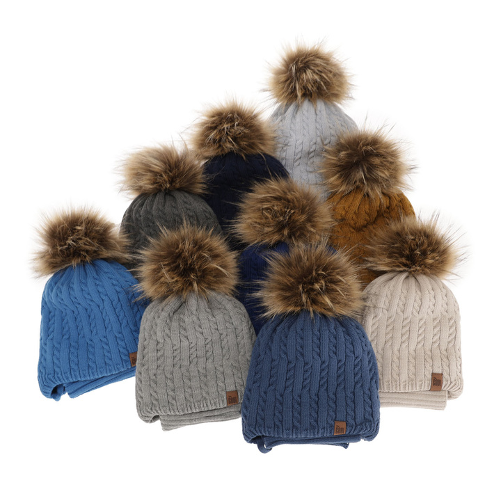 Winterset für Jungen: Mütze und Schlauchschal mit Bommel in Beige Indigo