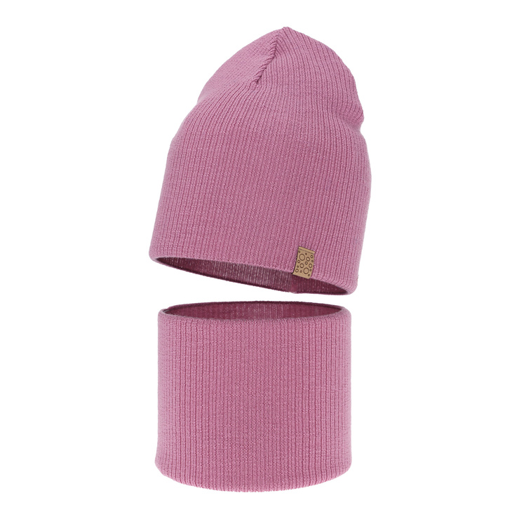 Herbst und Frühlingsset Mädchen: Mütze und Schlauchschal 100% extrafeine Merinowolle Violett Ricona