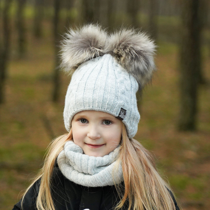 Winterset Mädchen: Mütze und Schlauchschal mit zwei Bommeln Beige Marlen