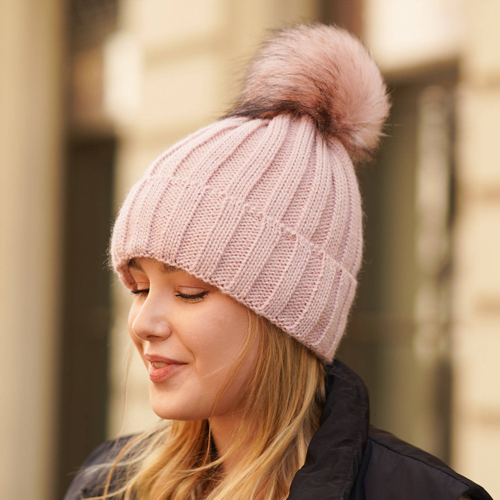 Wintermütze Damen mit Bommel Rosa Mokka