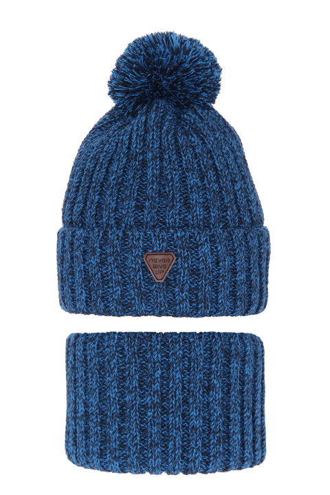 Winterset Jungen: Mütze und Schlauchschal mit Bommel Blau Garet
