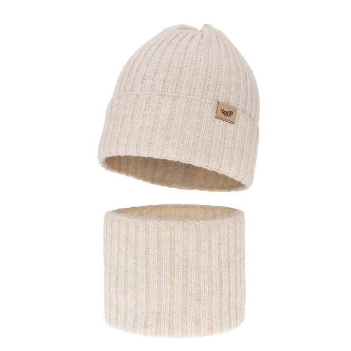 Winterset für Mädchen: Mütze und Schlauchschal mit Merinowolle in Beige Karmina