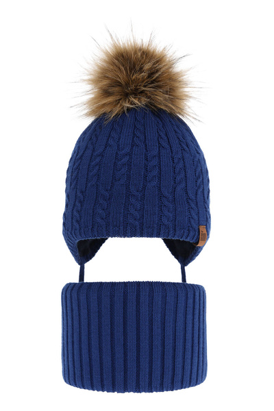 Winterset für Jungen: Mütze und Schlauchschal mit Bommel in Blau Indigo