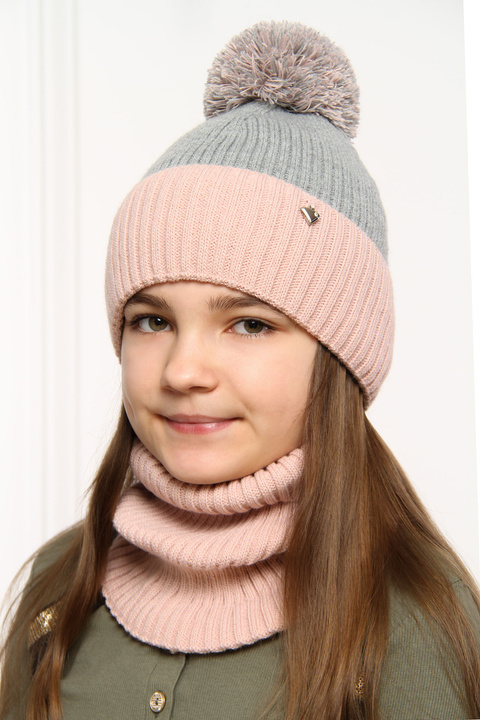 Winterset Mädchen: Mütze und Schlauchschal mit Bommel Violett Kolumbina
