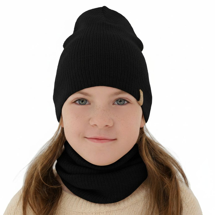 Herbst und Frühlingsset Mädchen: Mütze und Schlauchschal 100% extrafeine Merinowolle Schwarz Ricona