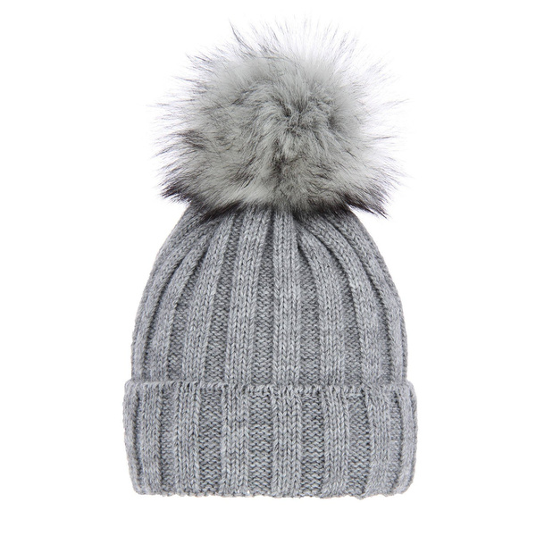 Wintermütze Damen mit Bommel Grau Mokka