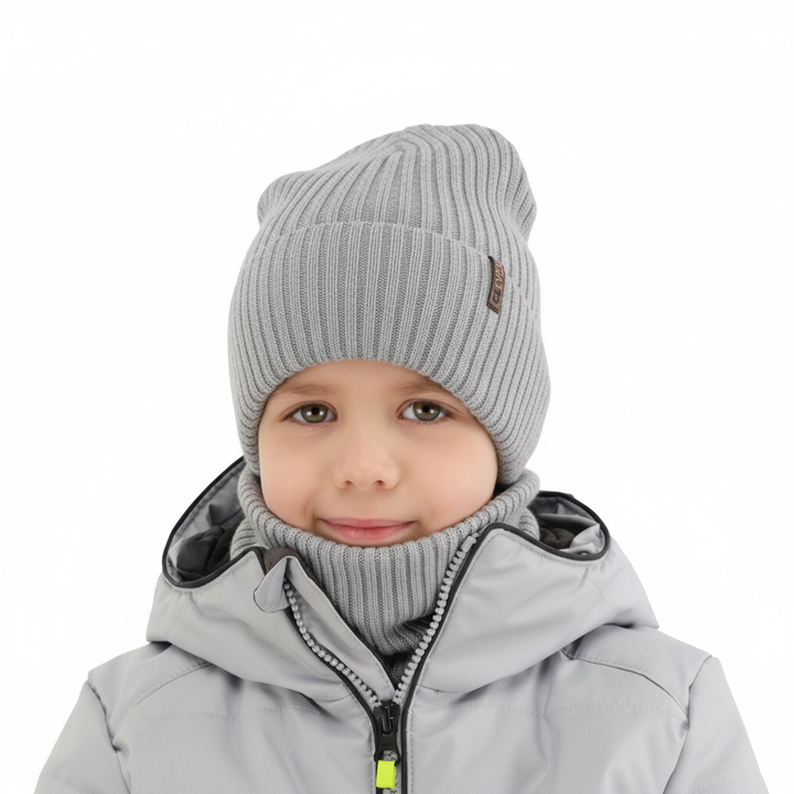 Winterset Jungen: Mütze und Schlauchschal, 100% Merinowolle, Grau, Gizmo