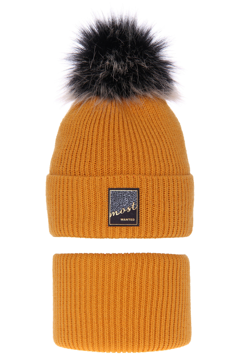 Winterset Mädchen: Mütze und Schlauchschal mit Bommel Honig Sycylia