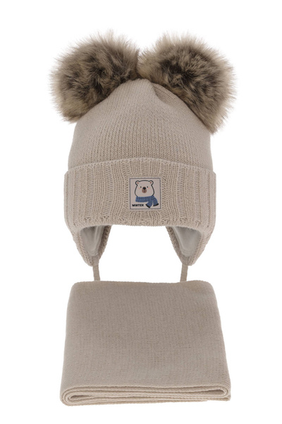Winterset für Jungen: Mütze und Schal mit zwei Bommeln in Beige Jewel