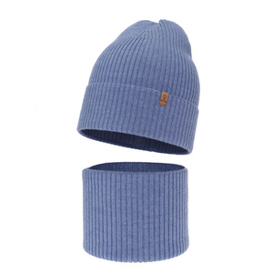 Herbst und Frühlingsset Jungen: Mütze und Schlauchschal 100% extrafeine Merinowolle Blau Lemas
