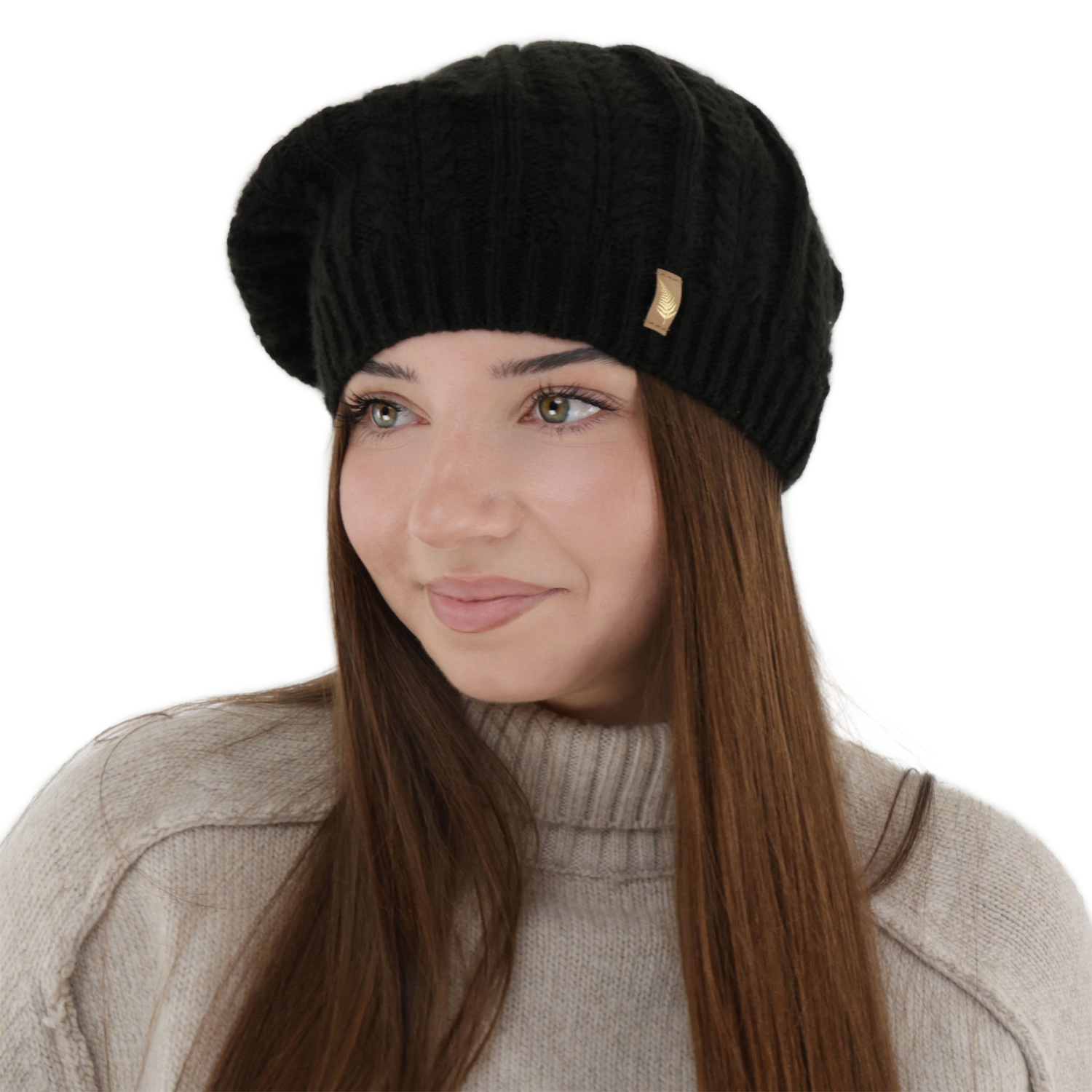 Beret Damen Winter, schwarz, mit Merinowolle, Senja