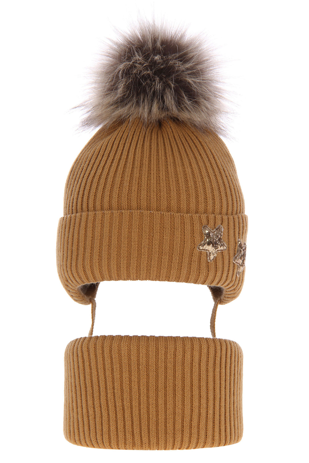 Winterset Mädchen: Mütze und Schlauchschal mit Bommel Braun Delicja