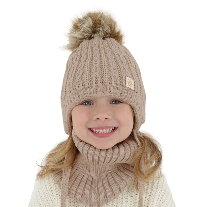 Winterset für Mädchen: Mütze und Schlauchschal mit Bommel in Beige Passa