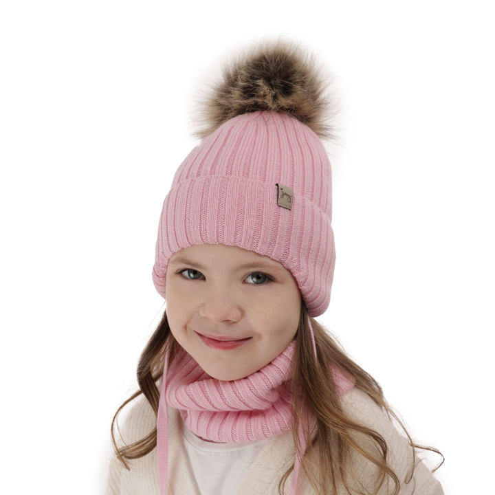 Winterset Mädchen: Mütze und Schlauchschal aus 100% extrafeiner Merinowolle in Rosa Junika
