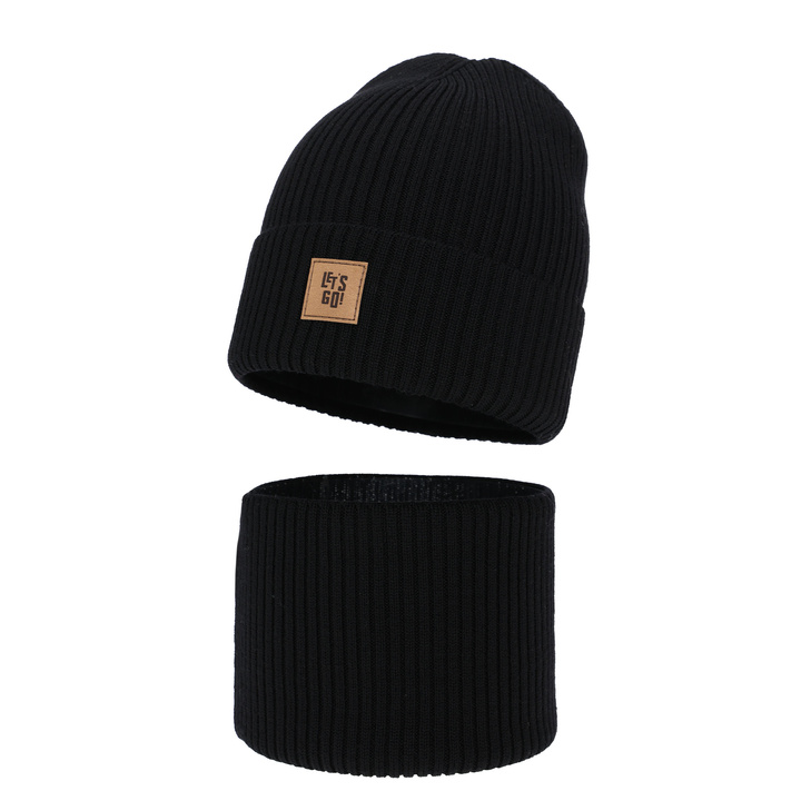 Herbst und Frühlingsset Jungen: Mütze und Schlauchschal 100%  Merinowolle Schwarz Vanto