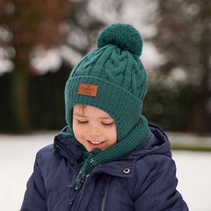 Winterset Jungen: Mütze und Schal mit Bommel Beige Remix