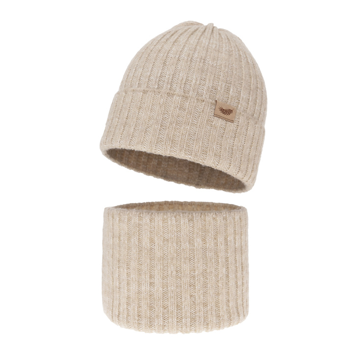 Winterset für Mädchen: Mütze und Schlauchschal mit Merinowolle in Beige Karmina