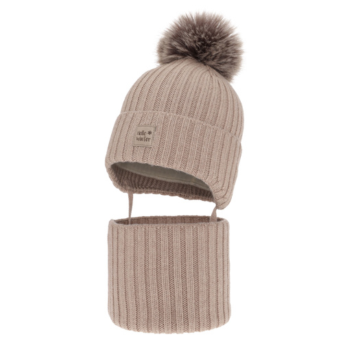 Winterset für Jungen: Mütze und Schlauchschal aus 100% extrafeiner Merinowolle, gefüttert mit Wollfleece in Beige Morti
