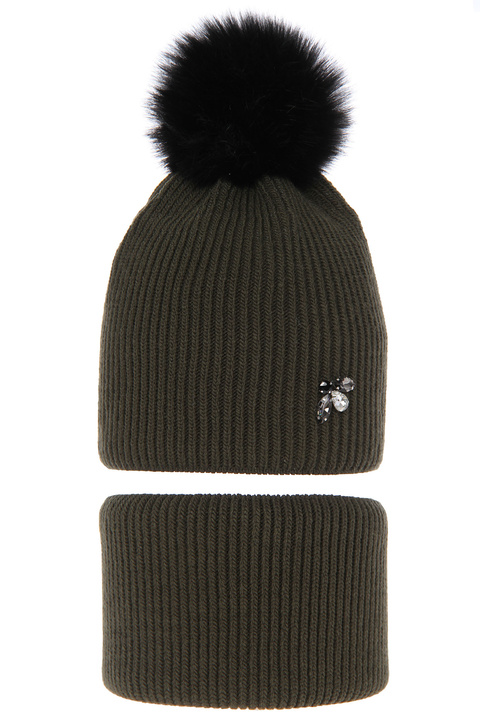 Winterset Mädchen: Mütze und Schlauchschal mit Bommel khaki Rawena