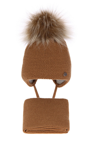 Winterset Mädchen: Mütze und Schal mit Bommel Camel Aimi