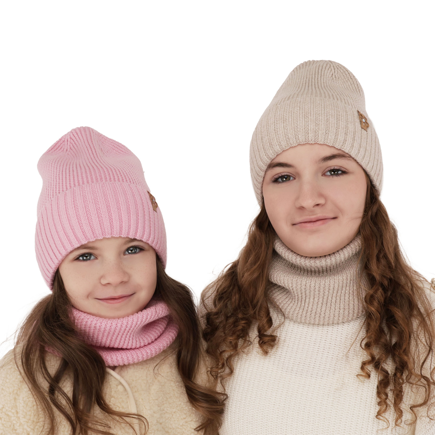 Winterset Mädchen: Mütze und Schlauchschal 100% extrafeine Merinowolle Beige Nelita