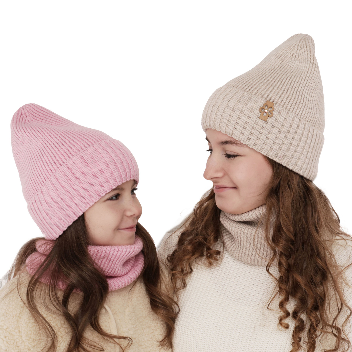Winterset Mädchen: Mütze und Schlauchschal 100% extrafeine Merinowolle Beige Nelita